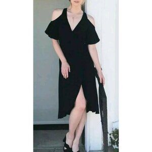 New Flynn Skye Devon Dress Womens Large Solid Black Wrap Cold Shoulder